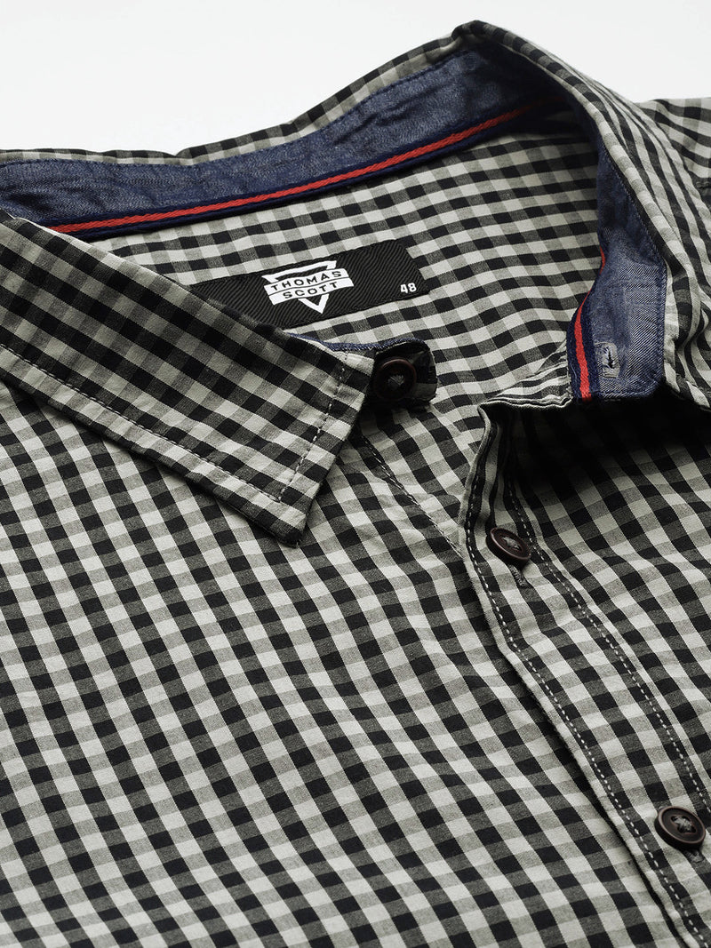 Thomas Scott Men Black Plus Size Regular Fit Long Sleeves Gingham Checks Woven Casual Shirt