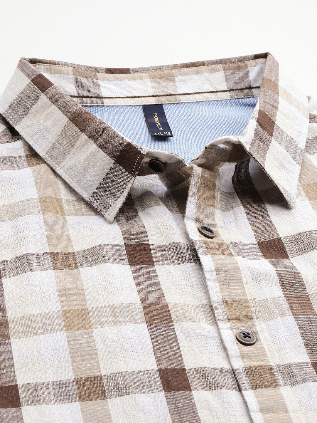 Thomas Scott Men Brown Plus Size Regular Fit Short Sleeves Spread Collar Tartan Checks Casual Shirt