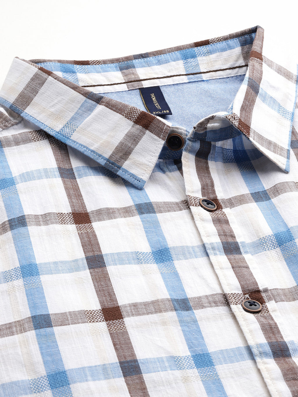 Thomas Scott Men Blue Plus Size Regular Fit Short Sleeves Spread Collar Tartan Checks Casual Shirt