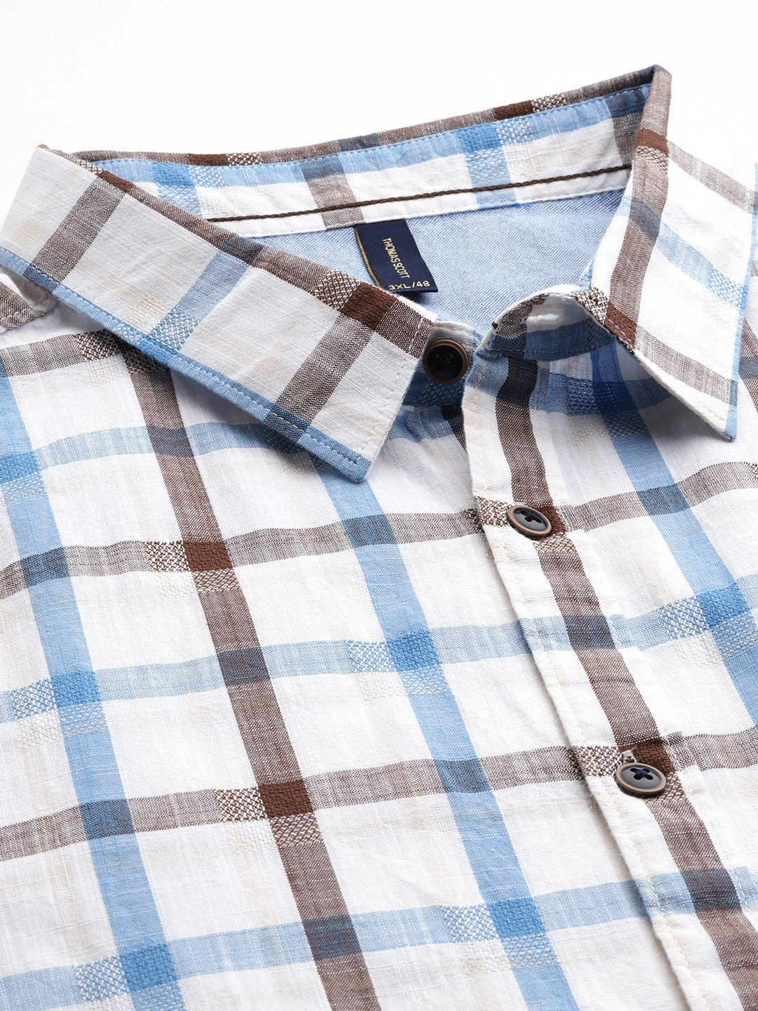 Thomas Scott Men Blue Plus Size Regular Fit Short Sleeves Spread Collar Tartan Checks Casual Shirt
