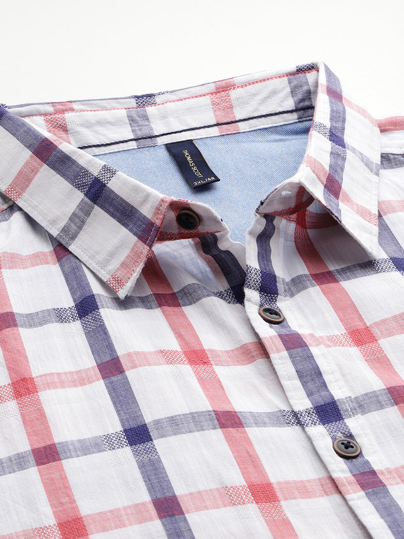 Thomas Scott Men Red Plus Size Regular Fit Short Sleeves Spread Collar Tartan Checks Casual Shirt