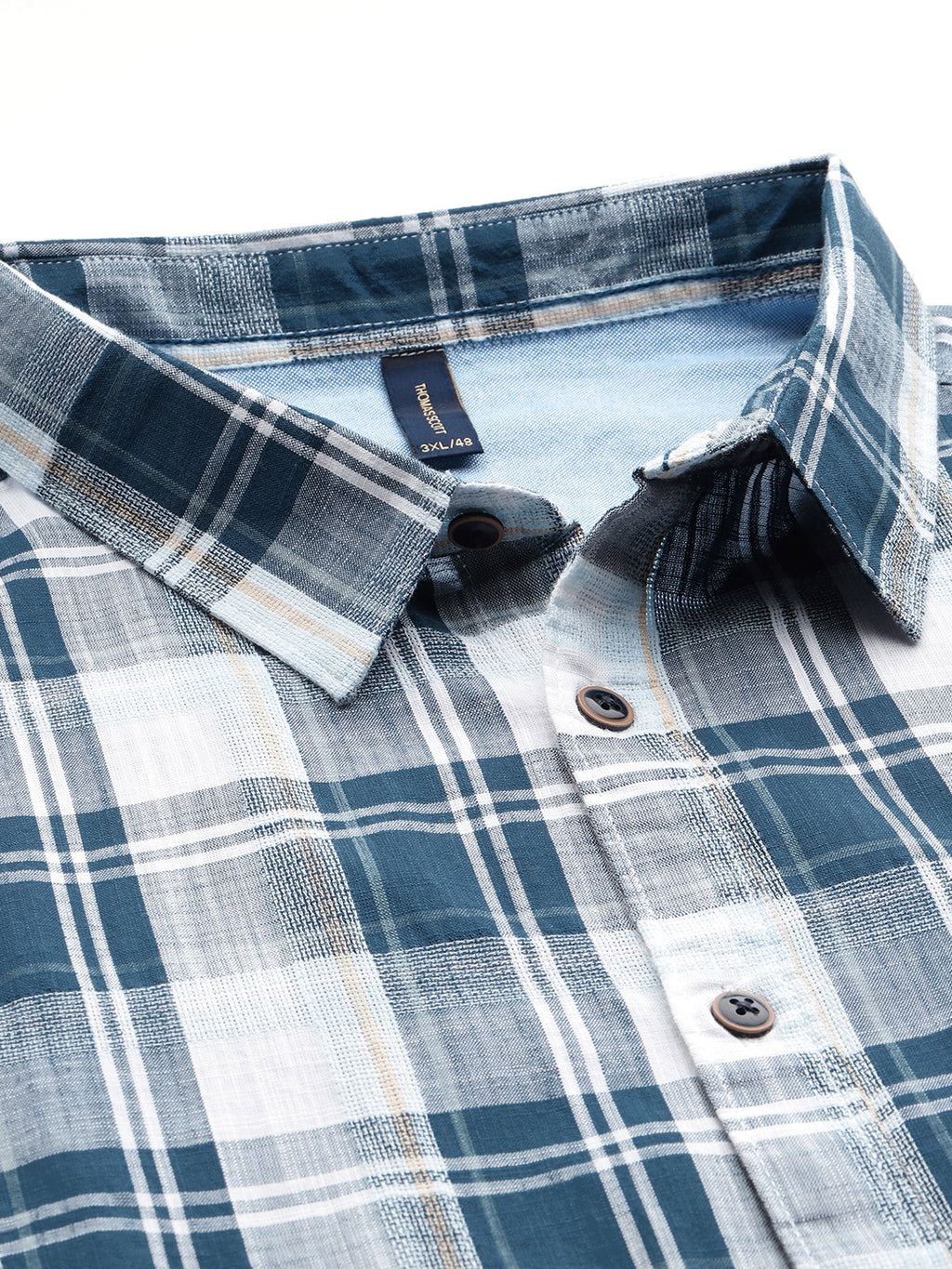 Thomas Scott Men Blue Plus Size Regular Fit Short Sleeves Spread Collar Windowpane Checks Casual Shirt