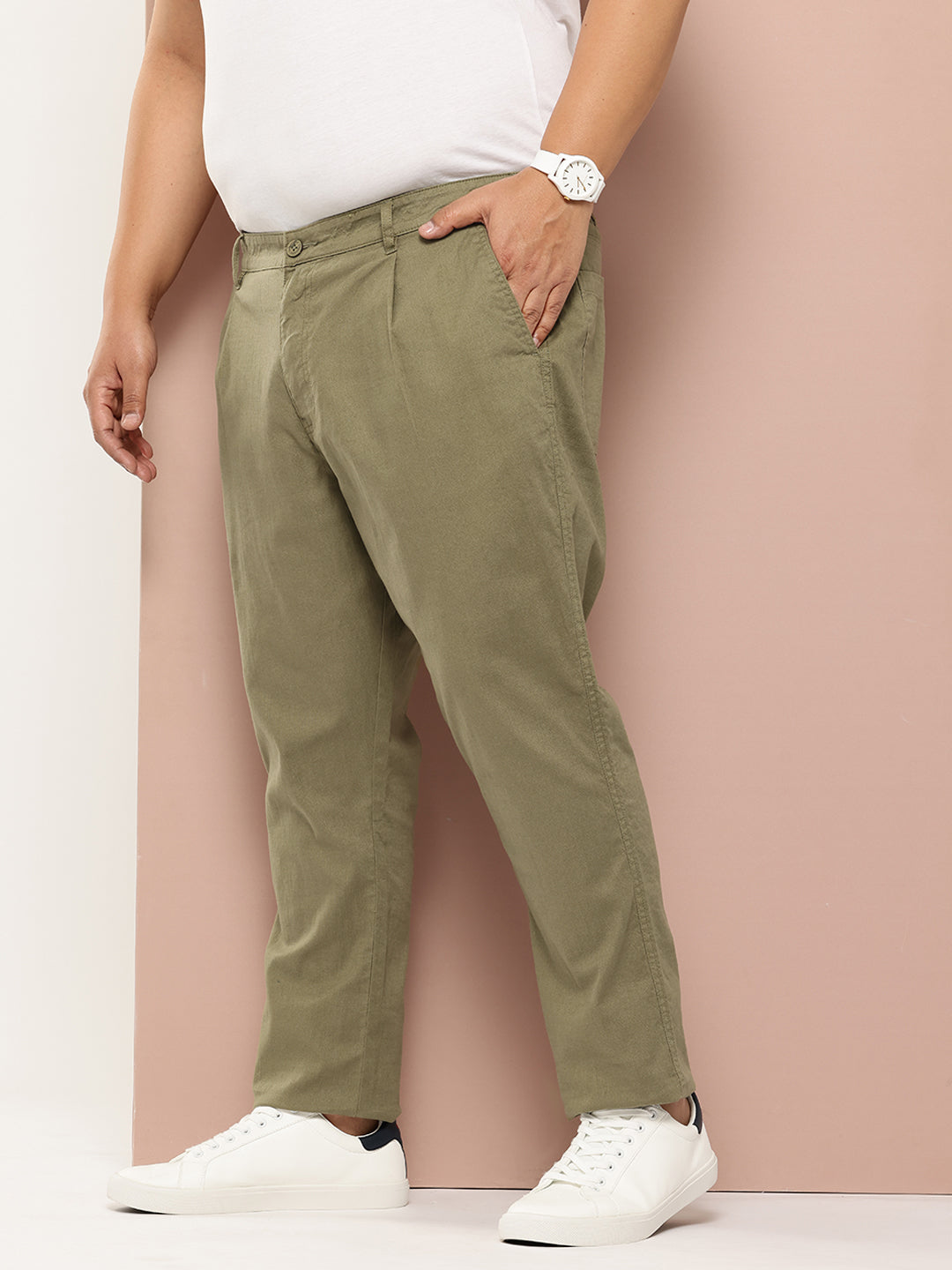 Thomas Scott Men Olive Plus Size Straight Fit Woven Chinos Trouser