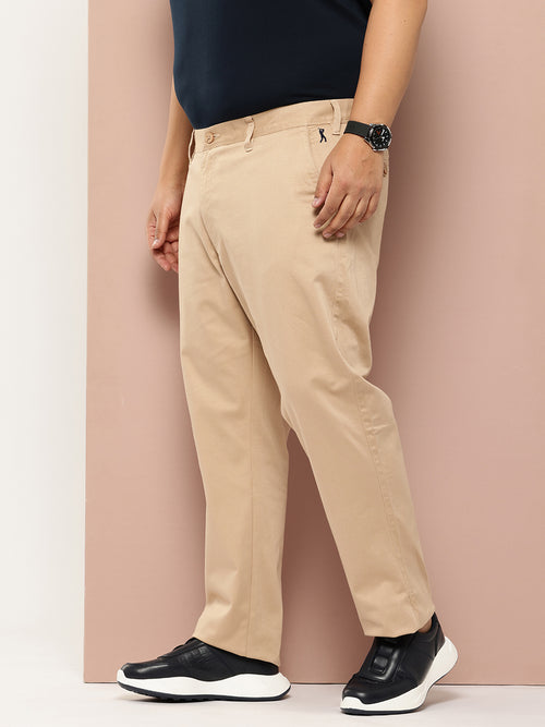 Thomas Scott Men Beige Plus Size Straight Fit Mid-Rise Solid Woven Chinos Trouser