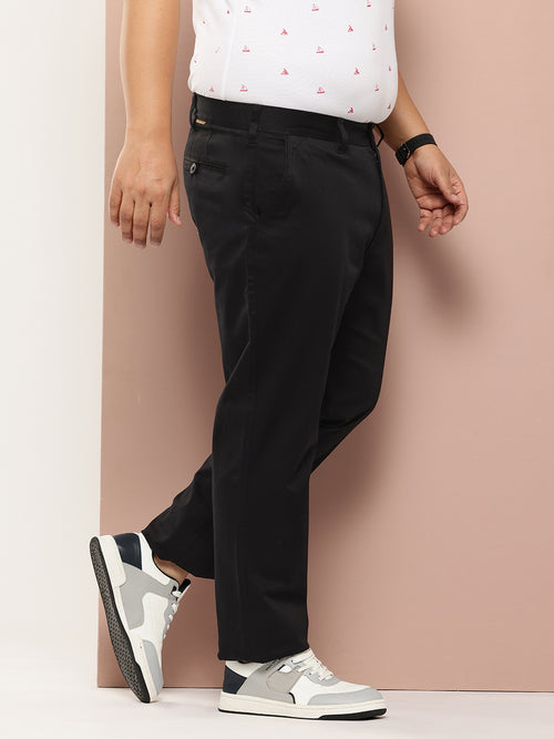 Thomas Scott Men Black Plus Size Straight Fit Mid-Rise Solid Woven Chinos Trouser