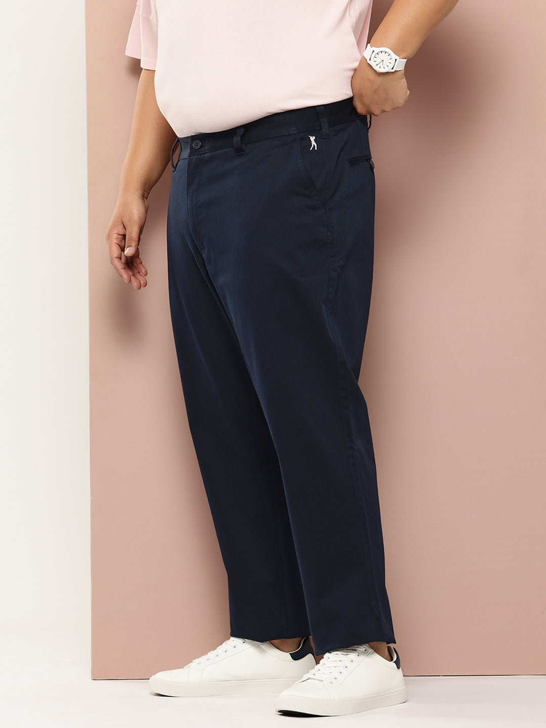 Thomas Scott Men Navy Plus Size Straight Fit Mid-Rise Solid Woven Chinos Trouser