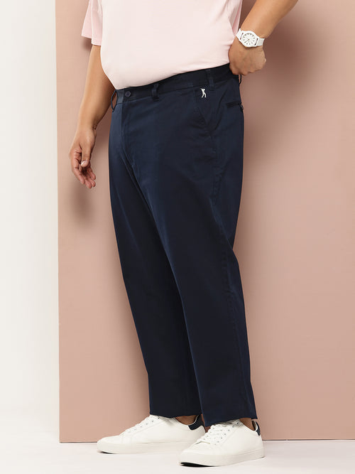 Thomas Scott Men Navy Plus Size Straight Fit Mid-Rise Solid Woven Chinos Trouser