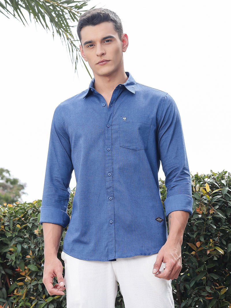 Thomas Scott Men Dark Blue Slim Fit Long Sleeves Spread Collar Solid Cotton Casual Shirt