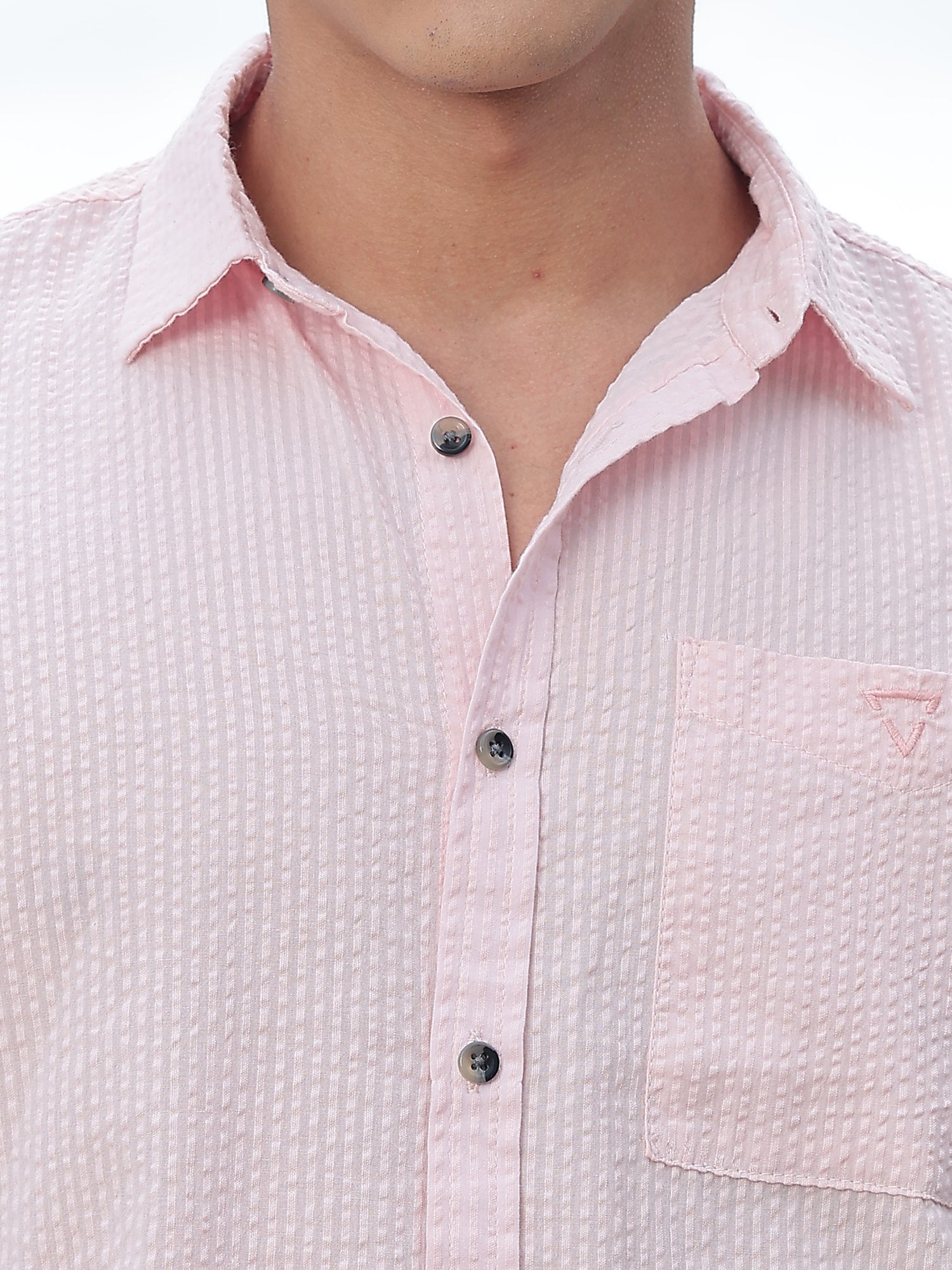 Thomas Scott Men Pink Slim Fit Short Sleeves Spread Collar Seer Sucker Casual Shirt