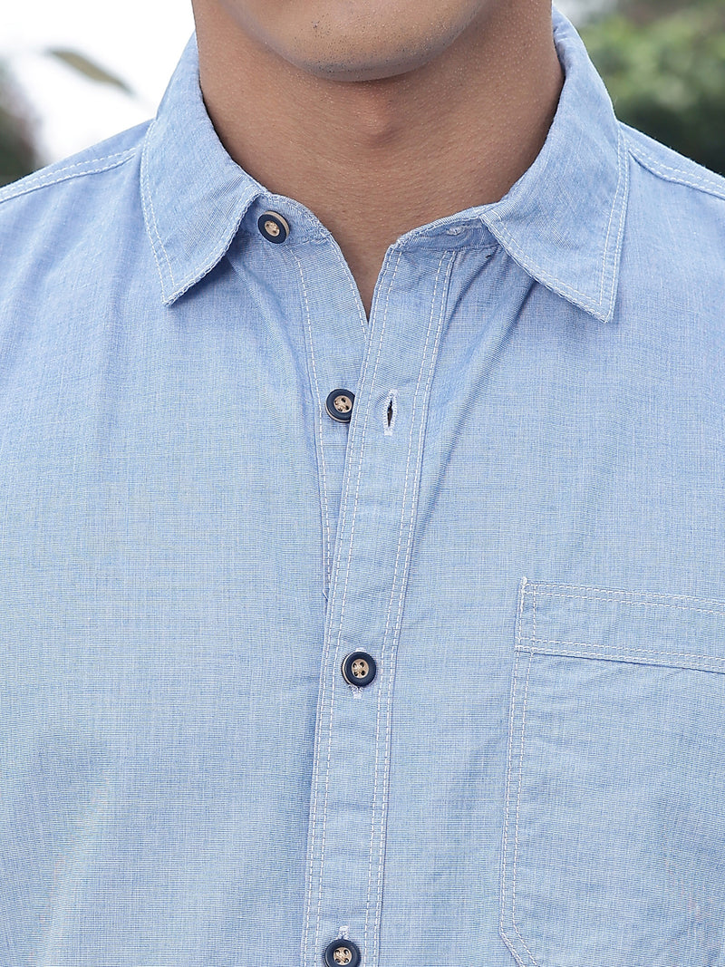 Thomas Scott Men Mid Blue Slim Fit Long Sleeves Spread Collar Filafil Casual Shirt
