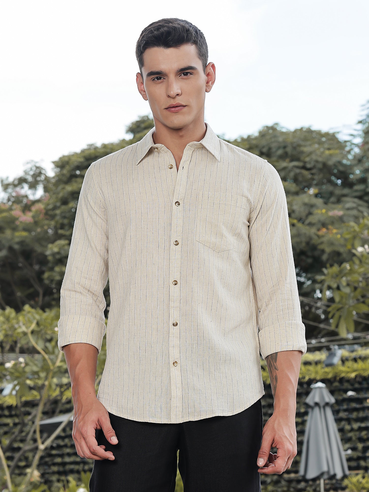 Thomas Scott Men Beige Slim Fit Long Sleeves Vertical Stripes Linen Casual Shirt