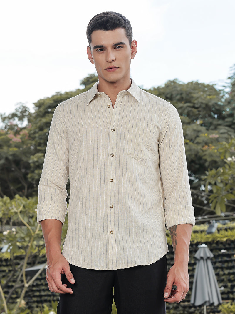 Thomas Scott Men Beige Slim Fit Long Sleeves Vertical Stripes Linen Casual Shirt