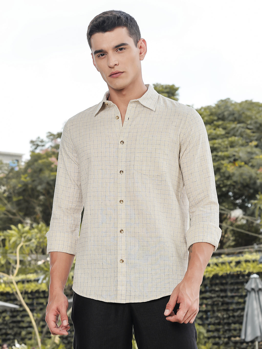 Thomas Scott Men Khaki Slim Fit Long Sleeves Windowpane Checks Linen Casual Shirt