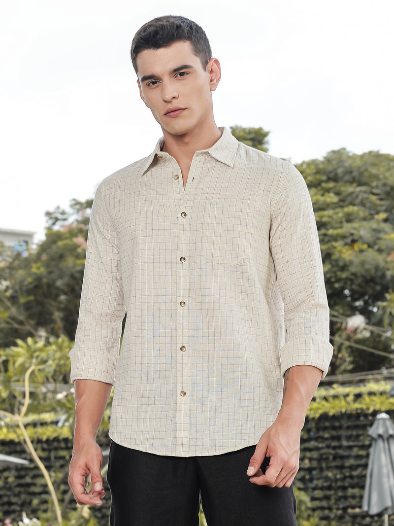 Thomas Scott Men Khaki Slim Fit Long Sleeves Windowpane Checks Linen Casual Shirt