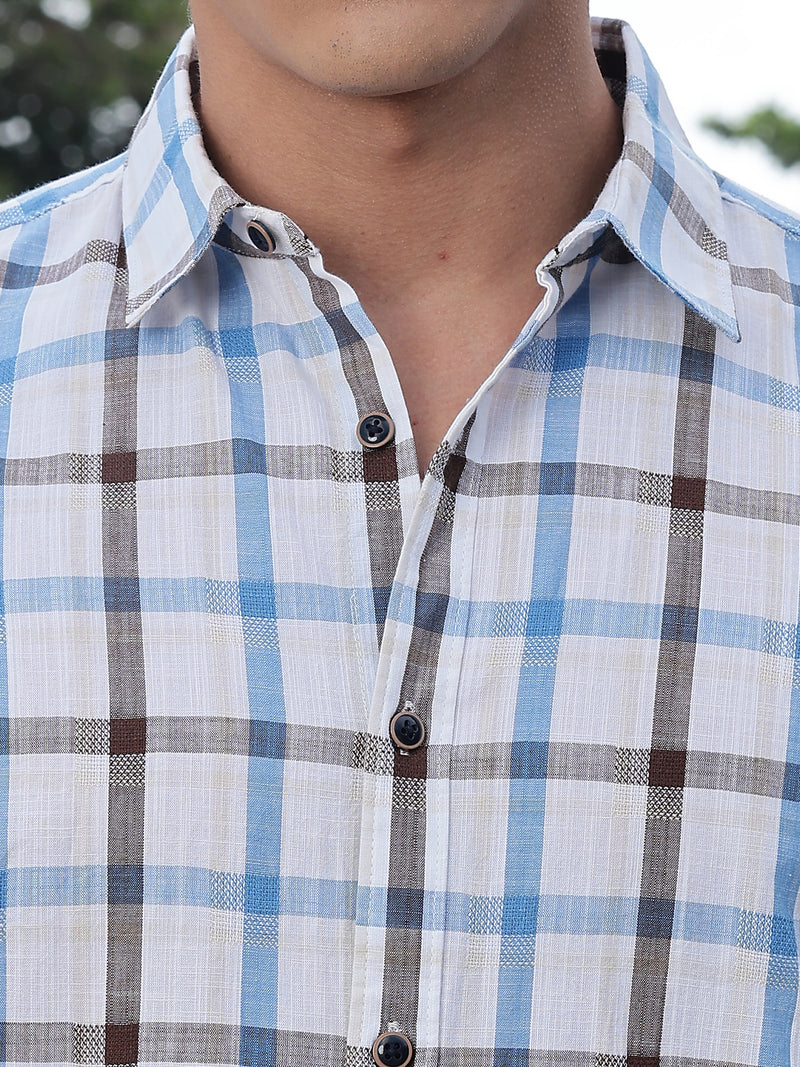 Thomas Scott Men Blue Slim Fit Short Sleeves Spread Collar Tartan Checks Casual Shirt