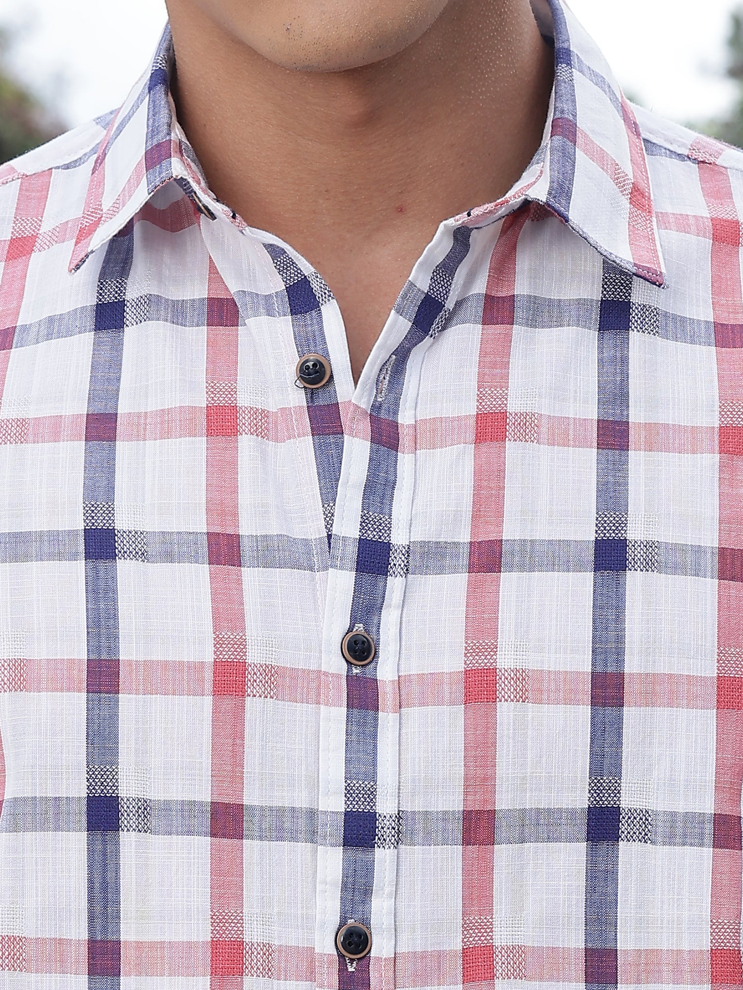 Thomas Scott Men Red Slim Fit Short Sleeves Spread Collar Tartan Checks Casual Shirt