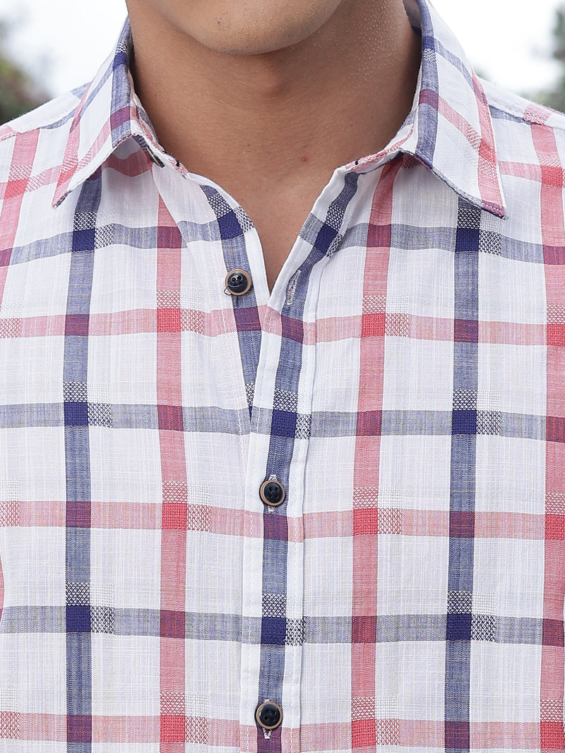 Thomas Scott Men Red Slim Fit Short Sleeves Spread Collar Tartan Checks Casual Shirt