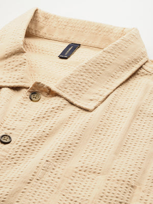 Thomas Scott Men Beige Plus Size Regular Fit Short Sleeves Cotton Seersucker Shirt