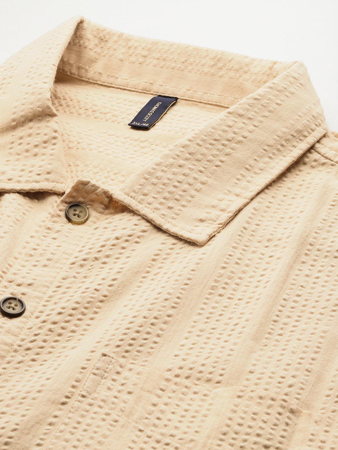 Thomas Scott Men Beige Plus Size Regular Fit Short Sleeves Cotton Seersucker Shirt