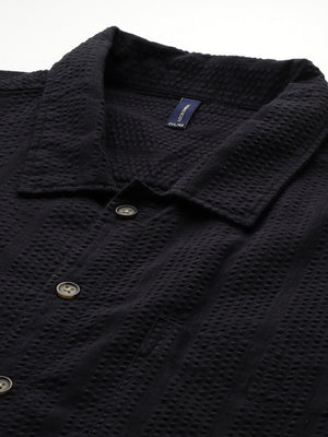 Black Plus Size Regular Fit Short Sleeves Cotton Seersucker Shirt For Men