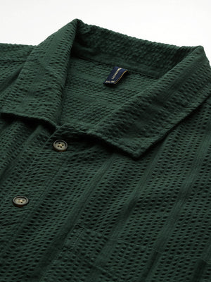 Green Plus Size Regular Fit Short Sleeves Cotton Seersucker Shirt For Men