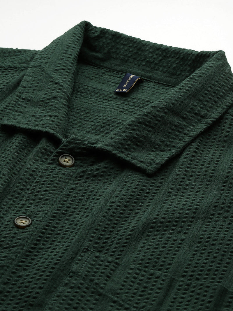 Thomas Scott Men Green Plus Size Regular Fit Short Sleeves Cotton Seersucker Shirt