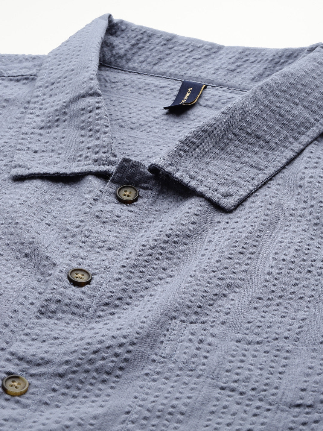 Thomas Scott Men Mid Blue Plus Size Regular Fit Short Sleeves Cotton Seersucker Shirt