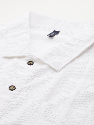 White Plus Size Regular Fit Short Sleeves Cotton Seersucker Shirt For Men