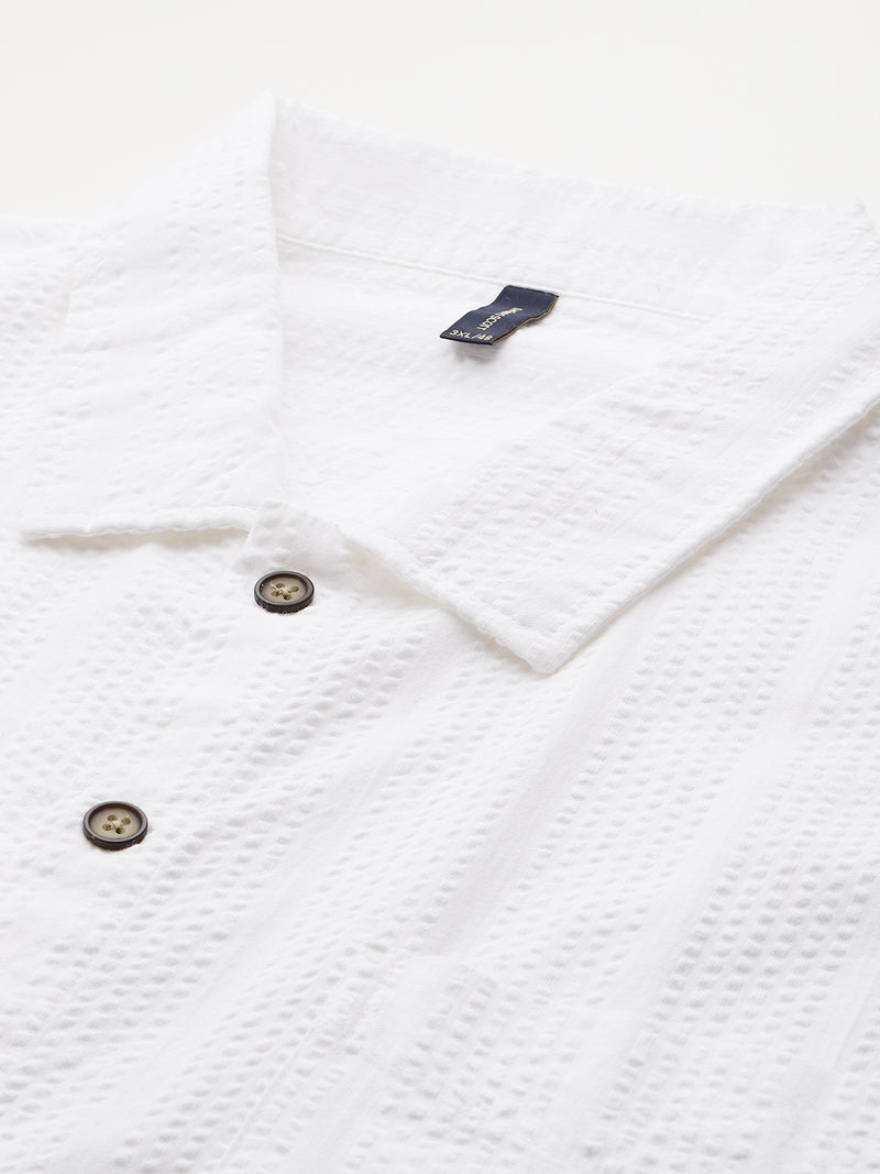 Thomas Scott Men White Plus Size Regular Fit Short Sleeves Cotton Seersucker Shirt