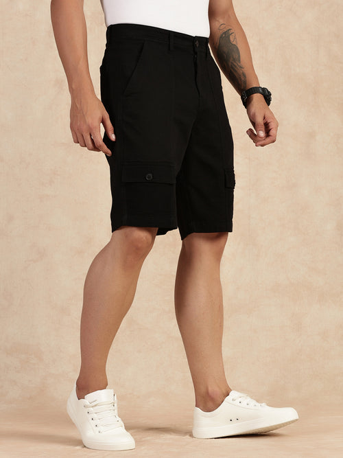 Thomas Scott Men Black Straight Fit Mid-Rise Cargo Shorts