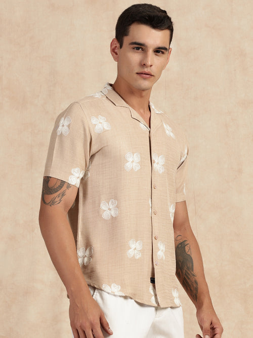Thomas Scott Men Beige Regular Fit Short Sleeves Cuban Collar Embroidered Shirt