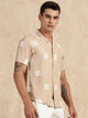 Thomas Scott Men Beige Regular Fit Short Sleeves Cuban Collar Embroidered Shirt