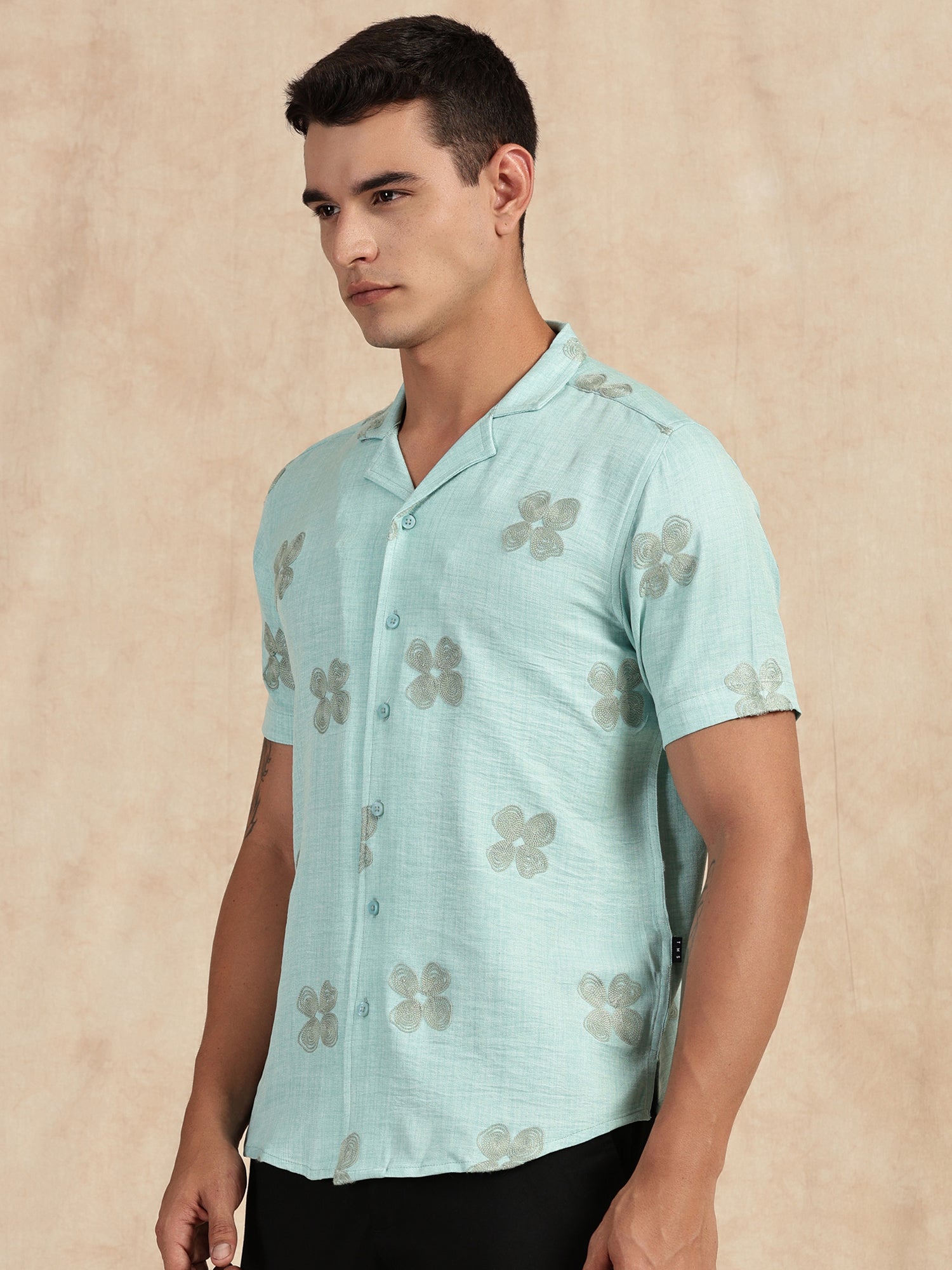 Thomas Scott Men Sky Blue Regular Fit Short Sleeves Cuban Collar Embroidered Shirt