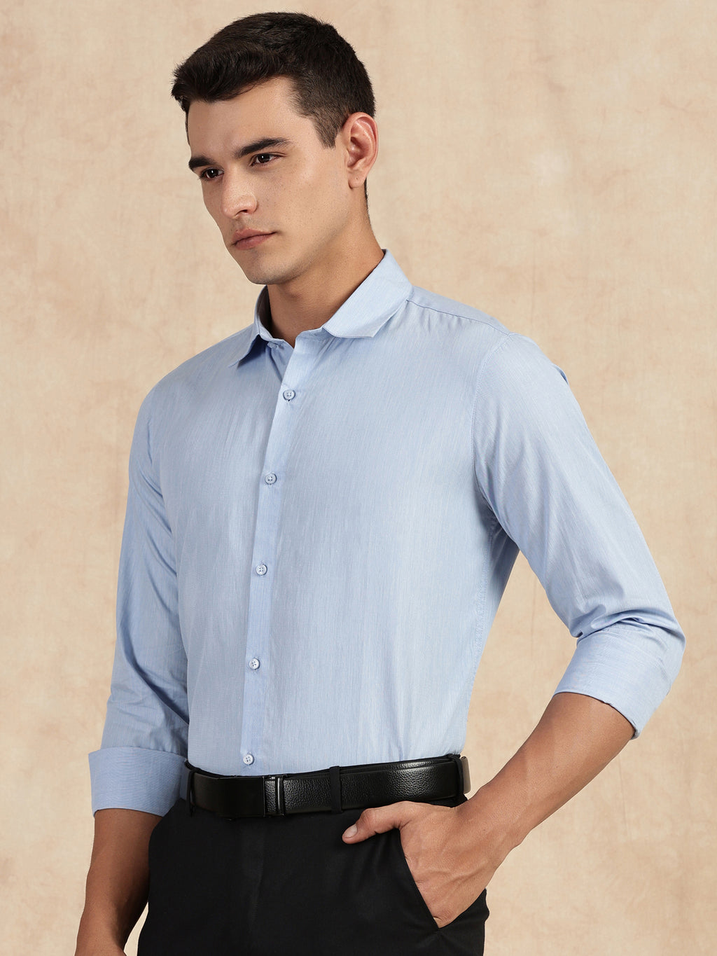 Thomas Scott Men Light Blue Slim Fit Long Sleeves Button-Down Collar Solid Filafil Formal Shirt