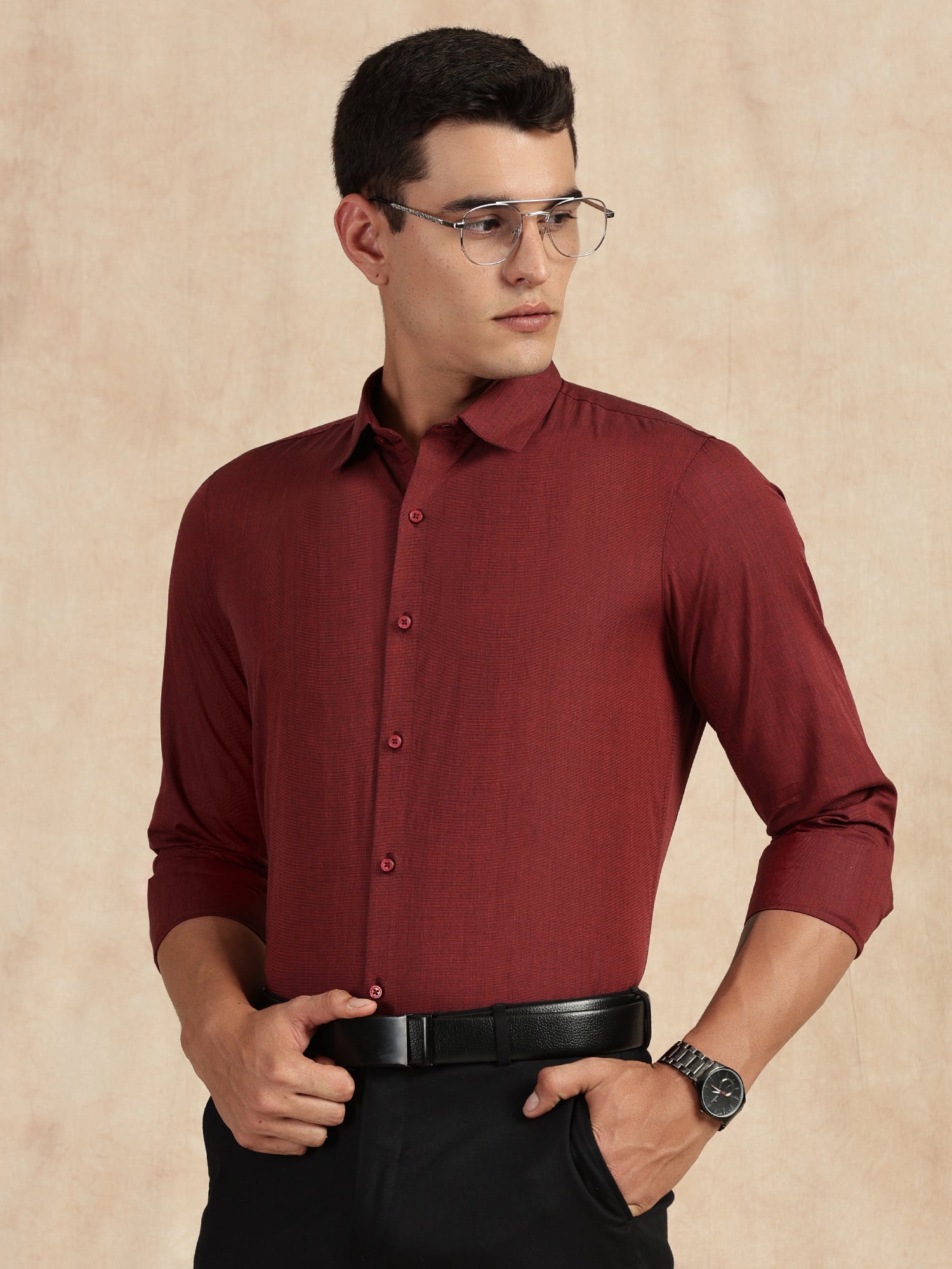 Thomas Scott Men Red Slim Fit Long Sleeves Button-Down Collar Solid Filafil Formal Shirt