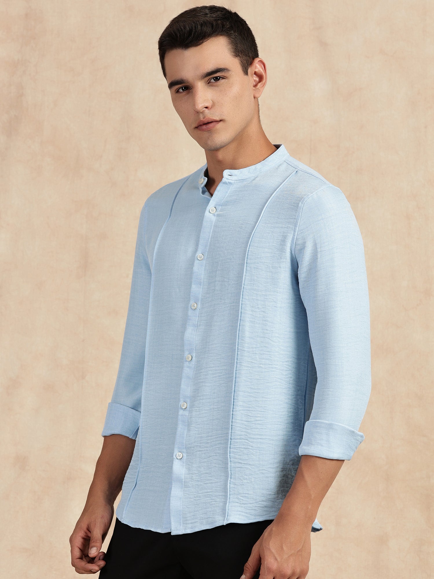 Thomas Scott Men Light Blue Slim Fit Long Sleeves Mandarin Collar Textured Casual Shirt