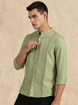 Thomas Scott Men Light Green Slim Fit Long Sleeves Mandarin Collar Textured Casual Shirt
