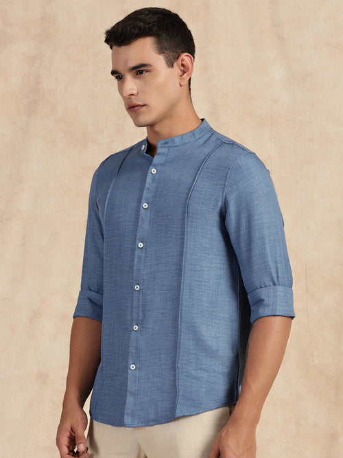Thomas Scott Men Medium Blue Slim Fit Long Sleeves Mandarin Collar Textured Casual Shirt