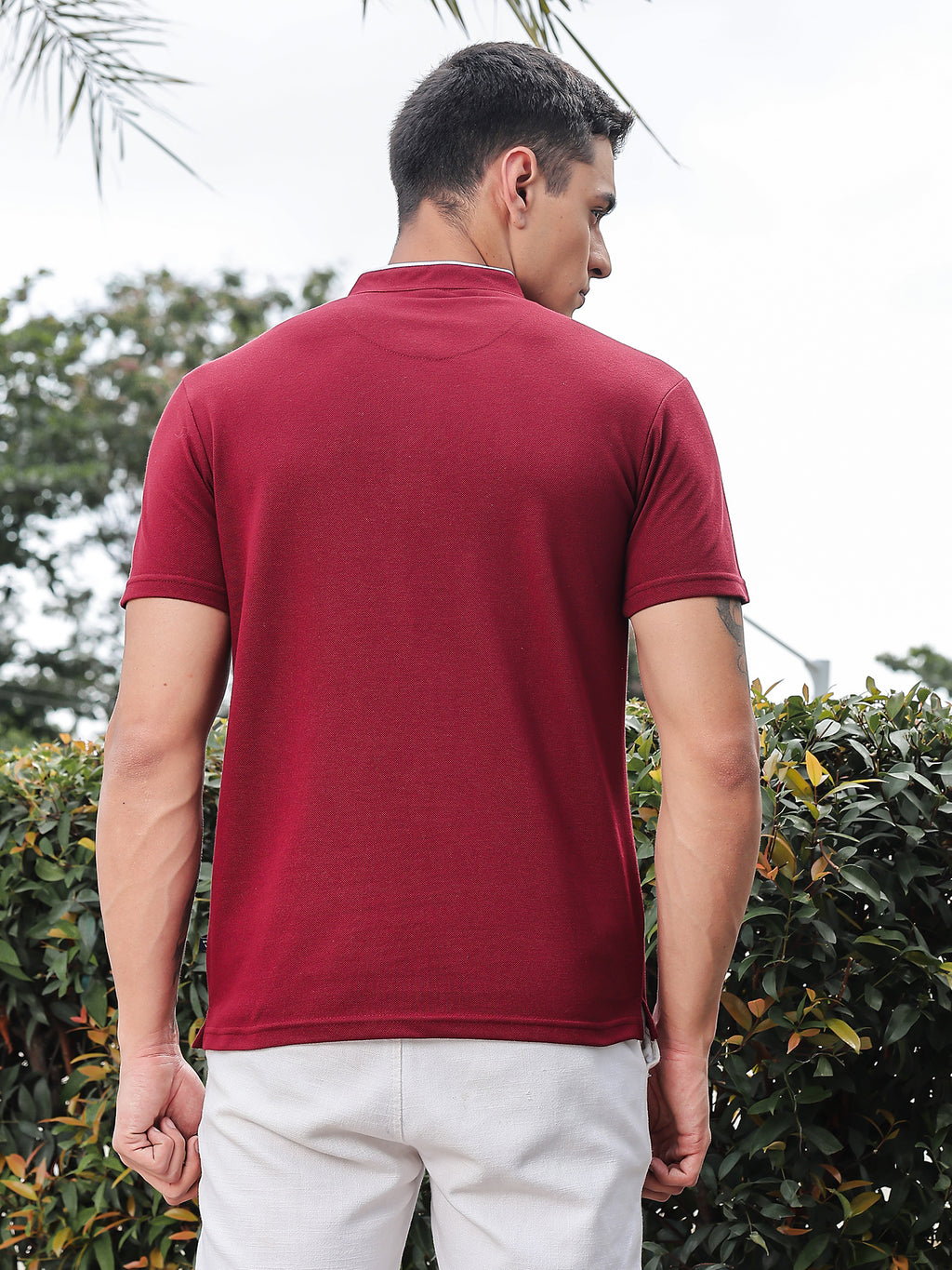 Thomas Scott Men Maroon Regular Fit Short Sleeves Mandarin Collar Knitted Tshirt