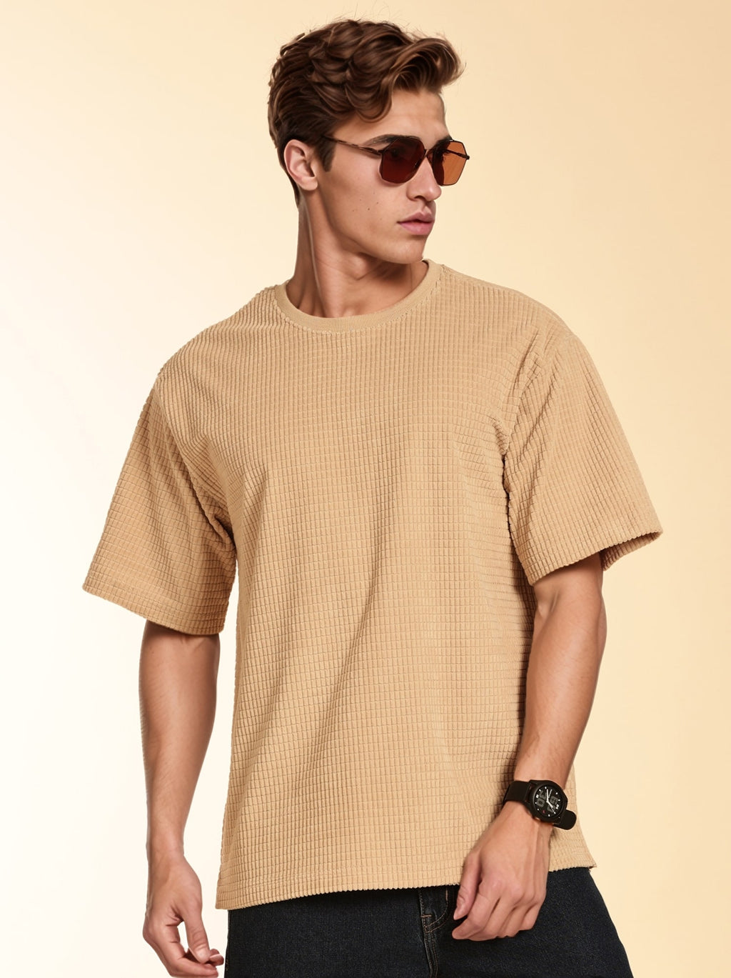 Thomas Scott Men Beige Towel Terry Oversized Short Sleeves Round Neck Solid Knitted Tshirt