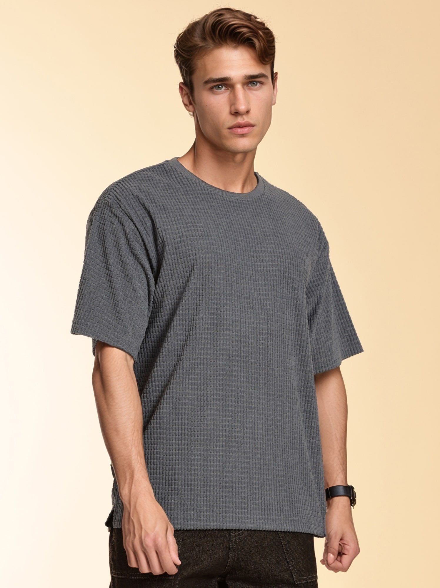 Thomas Scott Men Blue Towel Terry Oversized Short Sleeves Round Neck Solid Knitted Tshirt