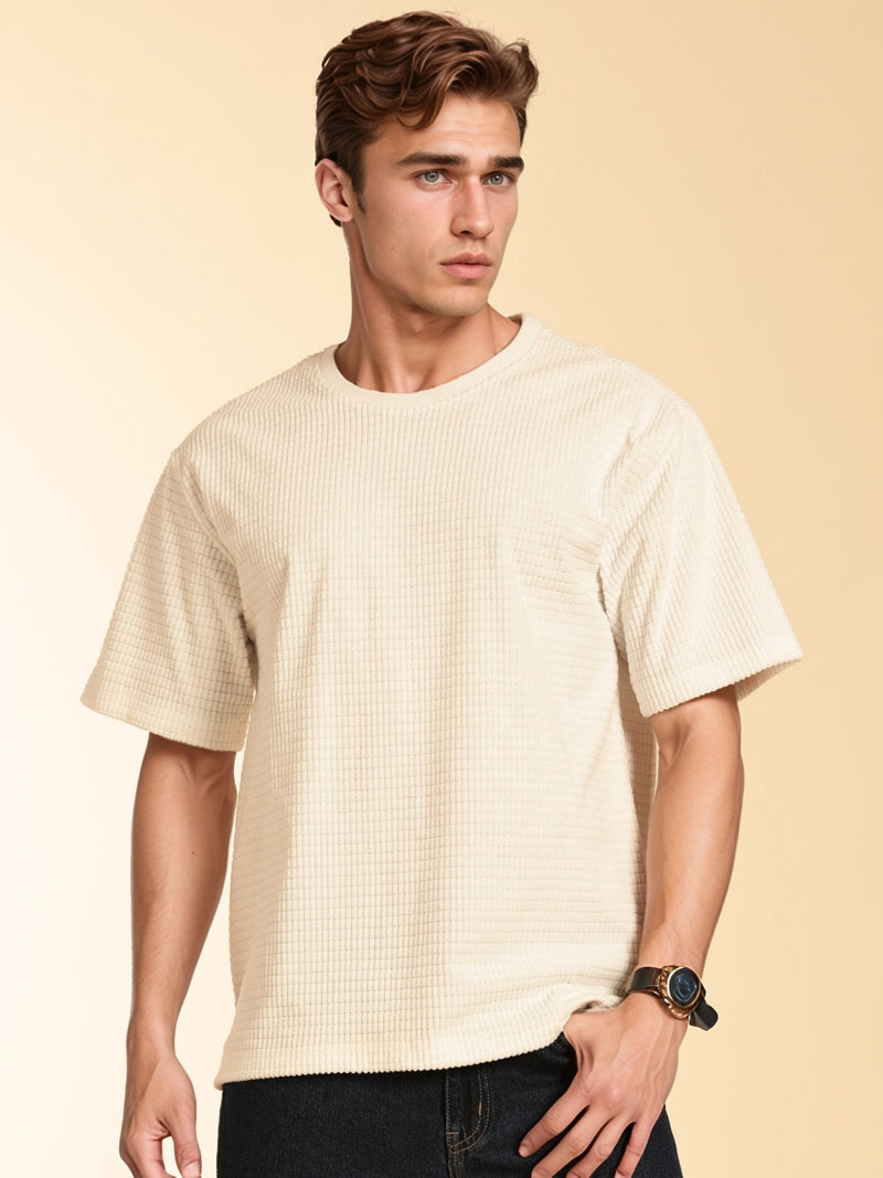 Thomas Scott Men White Towel Terry Oversized Short Sleeves Round Neck Solid Knitted Tshirt