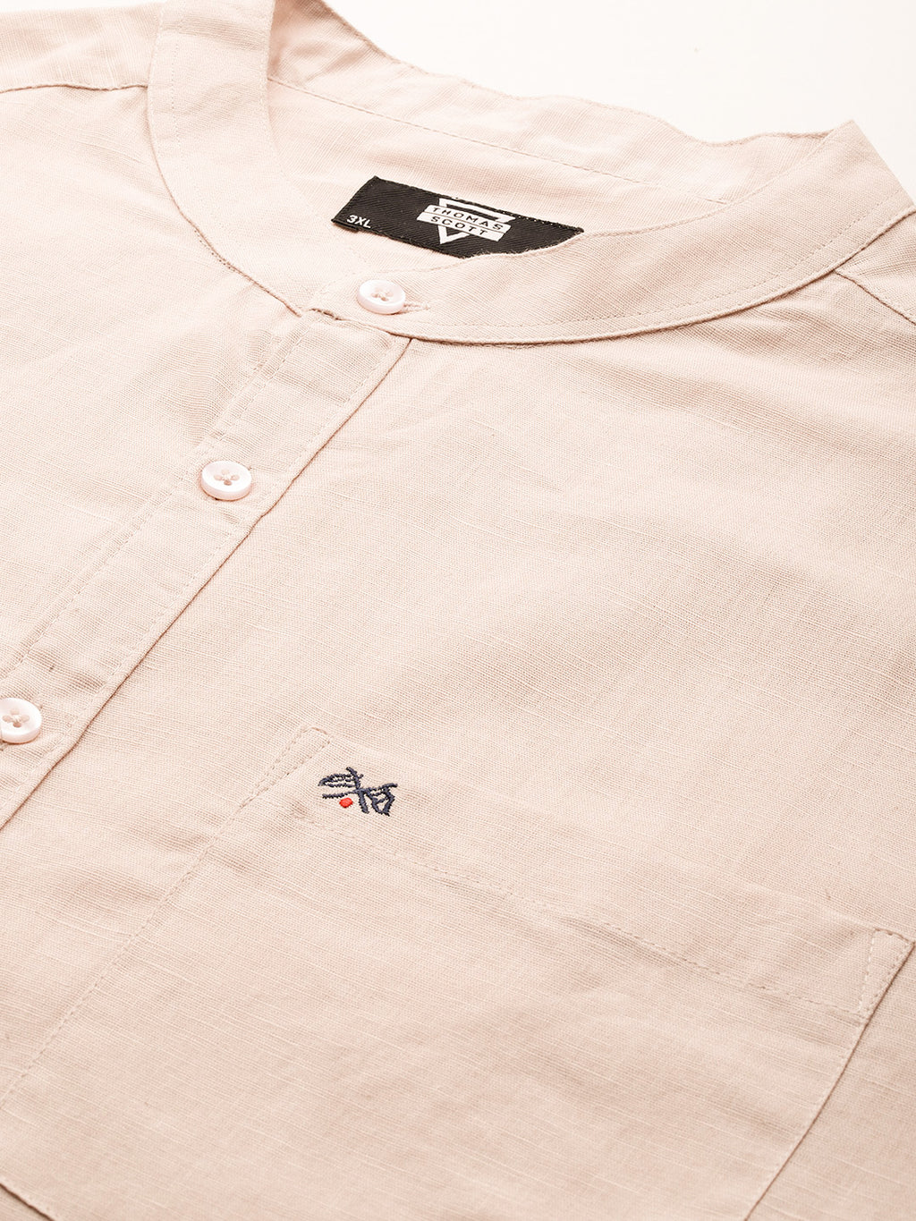 Thomas Scott Men Beige Premium Plus Size Regular Fit Long Sleeves Band Collar Solid Cotton Linen Casual Shirt