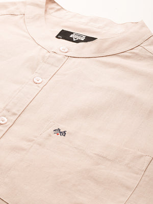 Thomas Scott Men Beige Premium Plus Size Regular Fit Long Sleeves Band Collar Solid Cotton Linen Casual Shirt