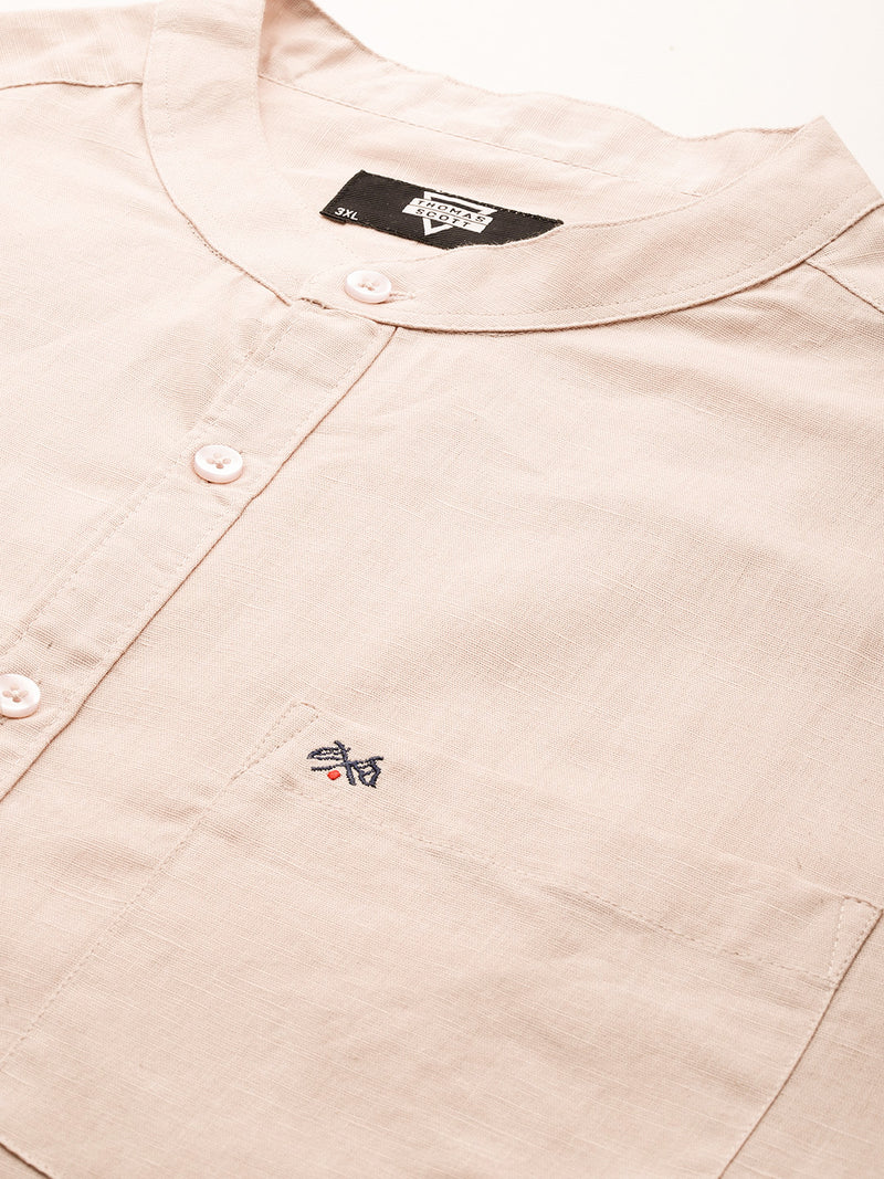 Thomas Scott Men Beige Premium Plus Size Regular Fit Long Sleeves Band Collar Solid Cotton Linen Casual Shirt