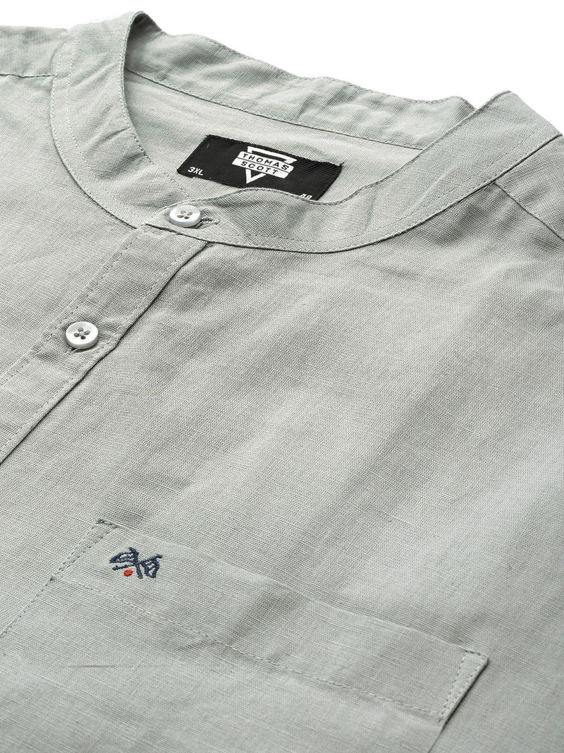 Thomas Scott Men Grey Premium Plus Size Regular Fit Long Sleeves Band Collar Solid Cotton Linen Casual Shirt