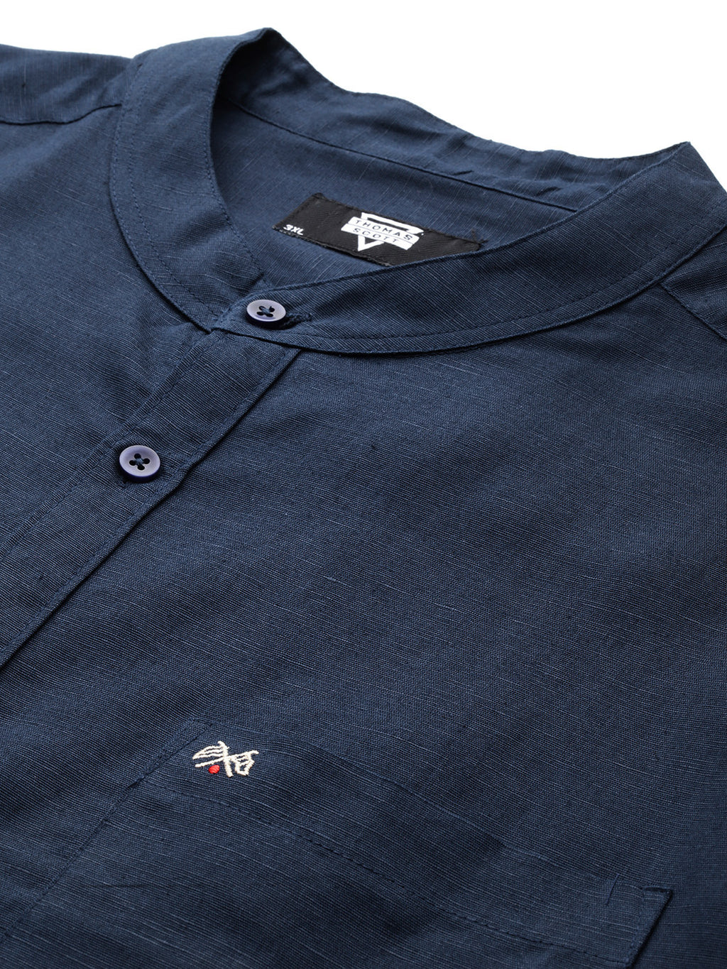 Thomas Scott Men Navy Premium Plus Size Regular Fit Long Sleeves Band Collar Solid Cotton Linen Casual Shirt