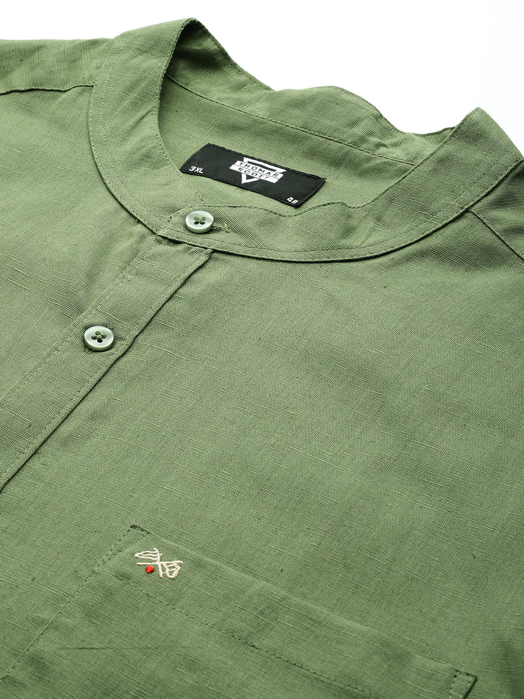 Thomas Scott Men Olive Premium Plus Size Regular Fit Long Sleeves Band Collar Solid Cotton Linen Casual Shirt