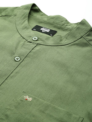 Olive Premium Plus Size Regular Fit Long Sleeves Band Collar Solid Cotton Linen Casual Shirt For Men