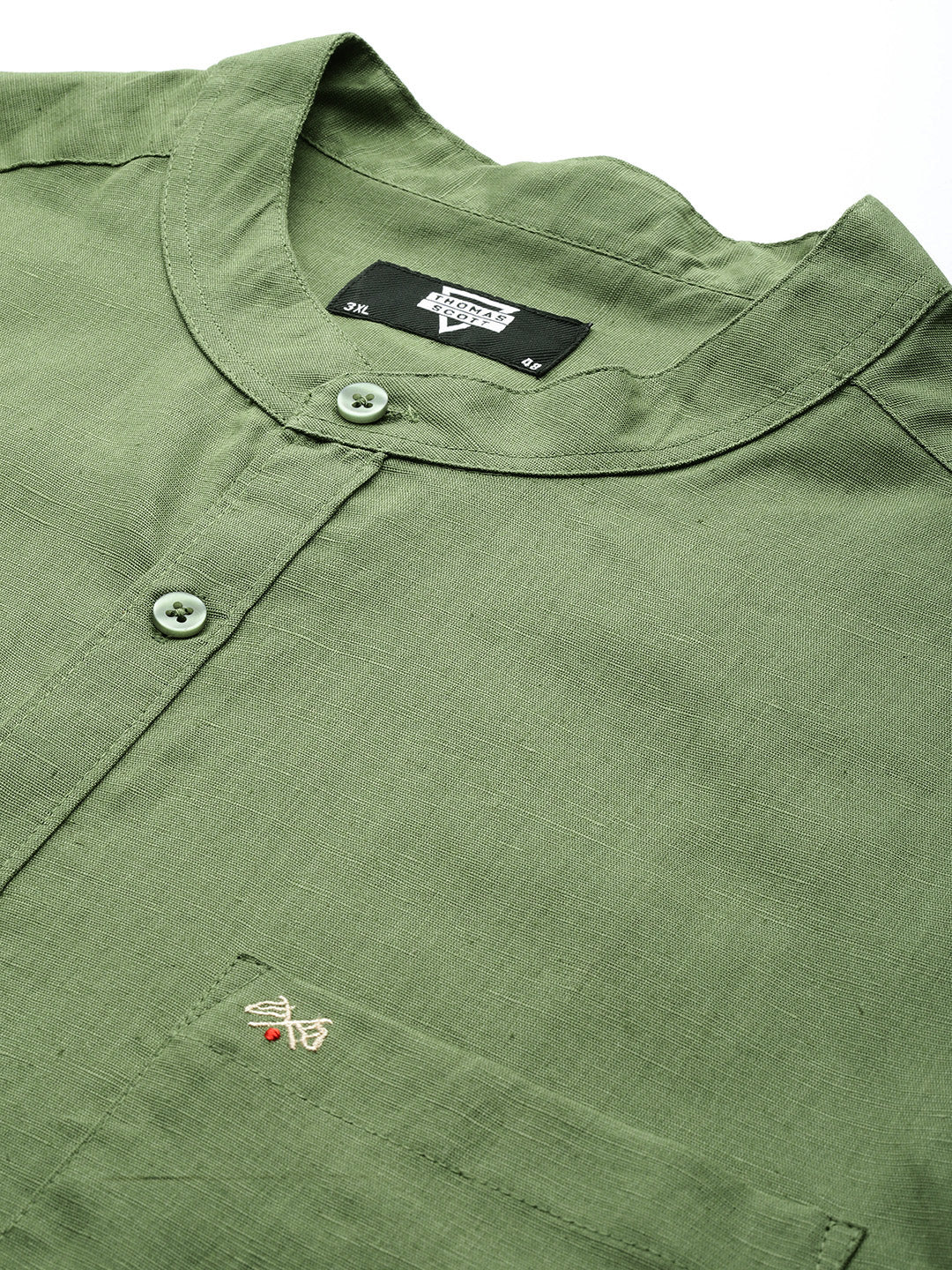 Thomas Scott Men Olive Premium Plus Size Regular Fit Long Sleeves Band Collar Solid Cotton Linen Casual Shirt